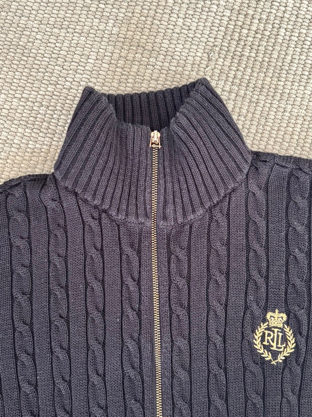 Lauren Ralph Lauren Black Cable Knit Full Zip Sweater Womens S Gold Crest Logo - Picture 7 of 8
